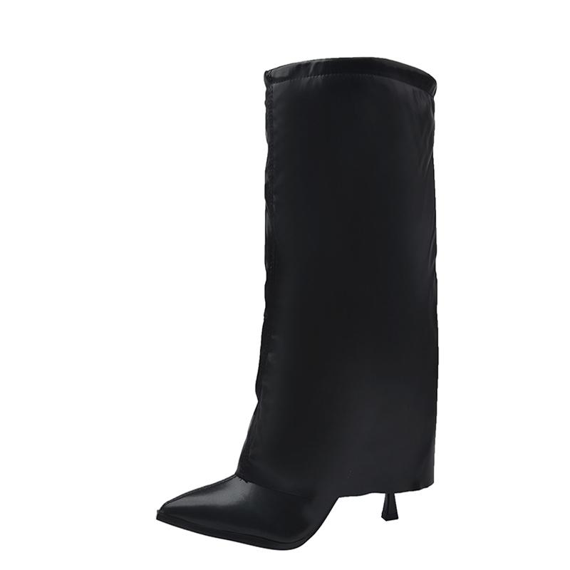 Women High Boots Pointed Toe Leather Shoes Winter Designer Mid Heels Party Shoes Women 2024 Trend Snow Boots Elegant Mujer Botas