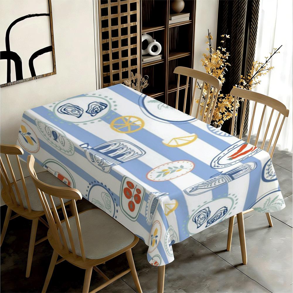 Blue White Striped Seafood Rectangle Tablecloth for Table Decor Washable Fruit Lemon Print Kitchen Dining Table Cloth for Party