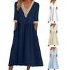 Women Midi Dress Half Sleeves V Neck Cutout Patchwork Pleated Daily Wear A-line