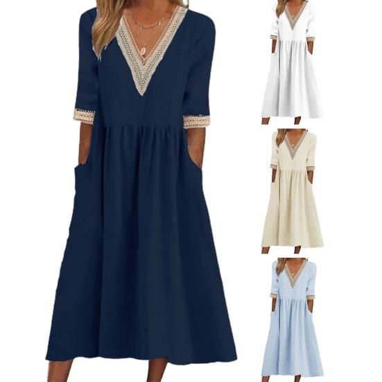 Women Midi Dress Half Sleeves V Neck Cutout Patchwork Pleated Daily Wear A-line