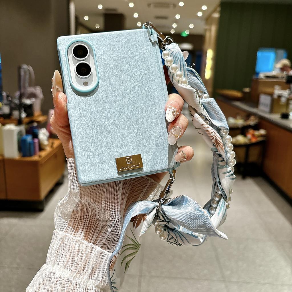 Fashion Pearl Silk Scarf Wrist Strap Leather Phone Case for Samsung Z Fold 8 Wide Shockproof Lens Protrusion Portable Slim Cover