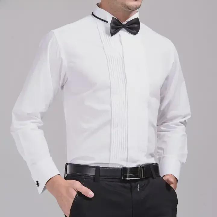 Swallowtail White Men's Stand Collar Long Sleeve Performance Dress Shirt