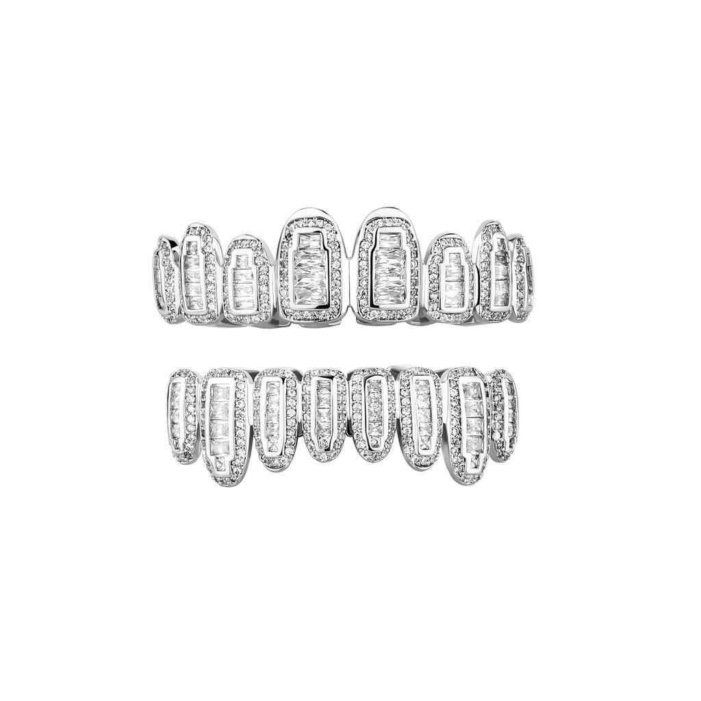Iced Out T Square CZ 8 Teeth Grillz Real Gold Plated Brass HIPHOP Men Sharp Teeth Grills Halloween Cosplay Bulk