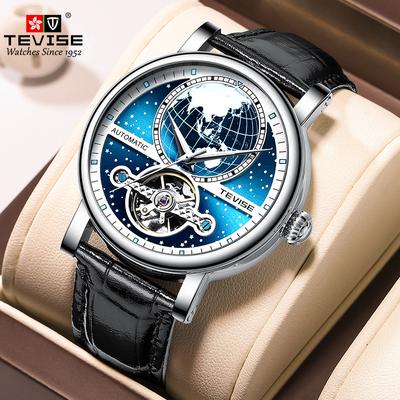 TEVISE Nuevo reloj mecánico hueco Reloj casual de cuero automático Reloj impermeable para hombres