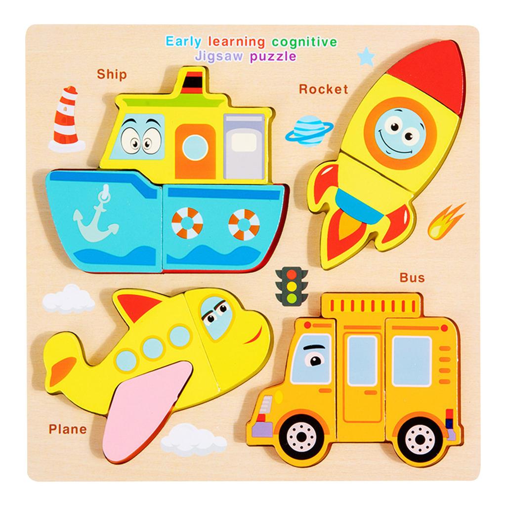Educational Wooden Transportation Puzzle for Toddlers Early Learning Cognitive Jigsaw with Ship, Rocket, Bus, Plane