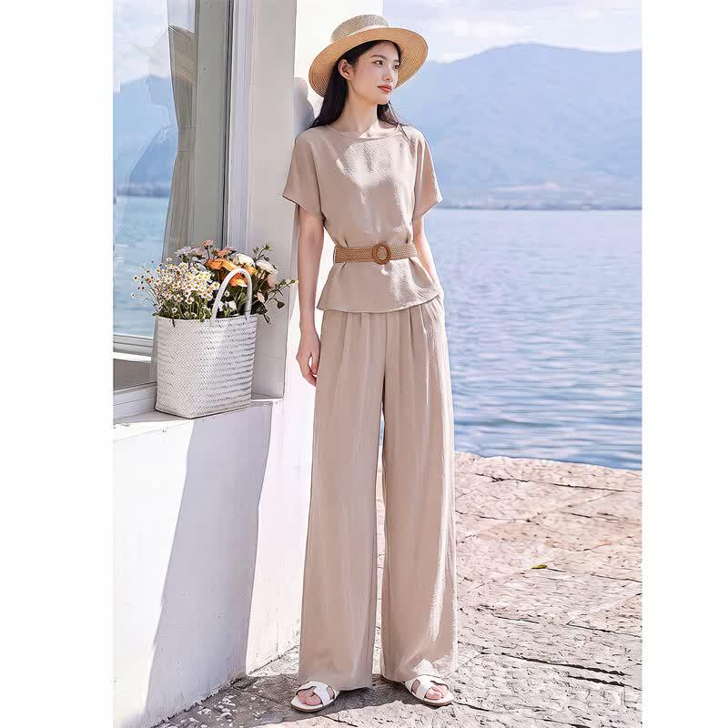 Gentle Style Round Neck Short Sleeve Top & Wide Leg Pants Set