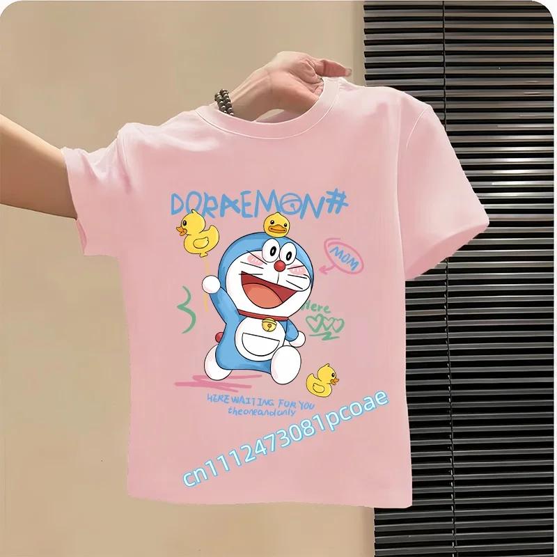 Doraemon Children's Pure Polyester Short-Sleeved Boys' Sports Shirt, Girls' Casual Top, Big Bear Cartoon Print Summer T-Shirt