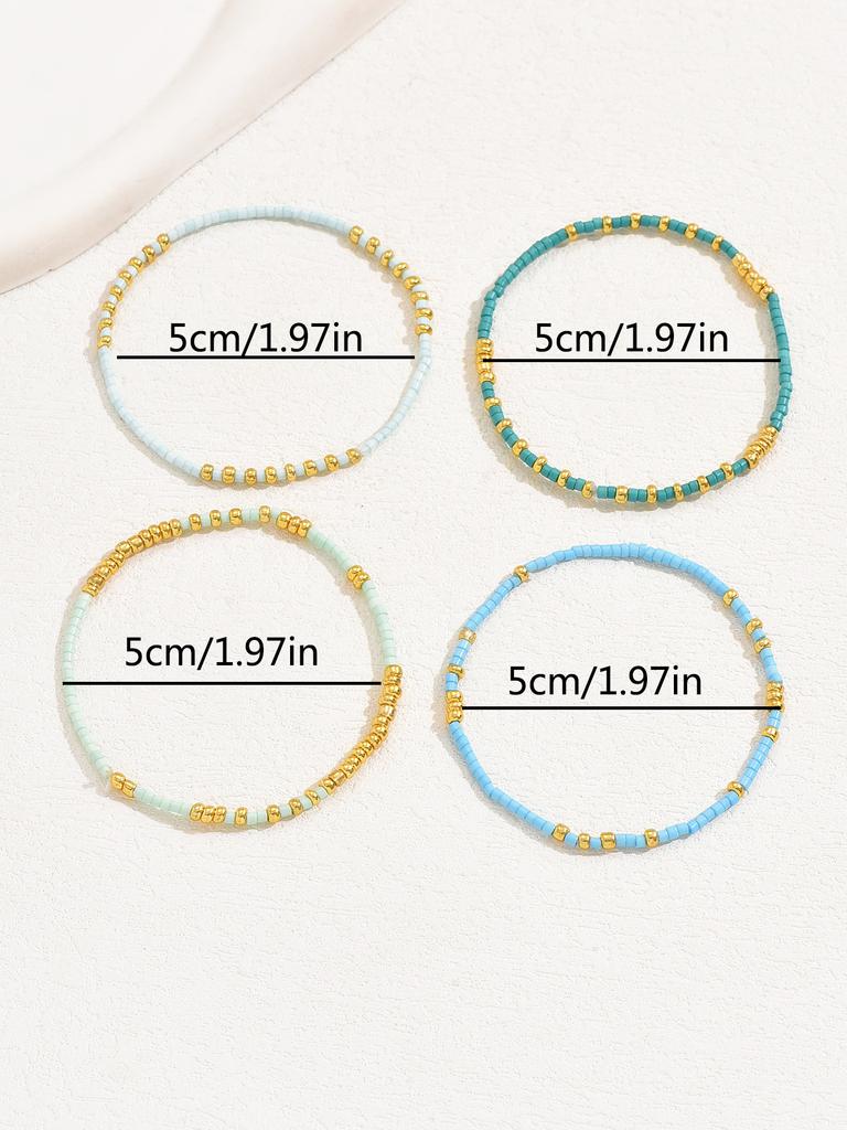 4 PCS Turquoise Color Seedbeads Stretch Bracelet Set Bohemia Gold Color Glassbeads Elastic Handmade Girls Vacation Jewelry