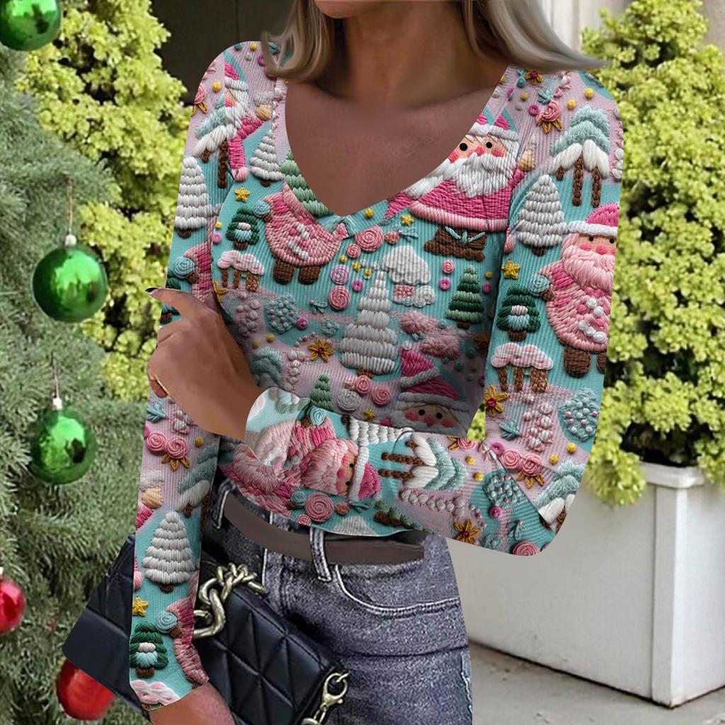 Women's Winter Slim-Fit Base Layer T-Shirt Fashionable Christmas Print V-Neck Pullover Long-Sleeved Top