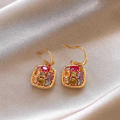 18k Real Gold Electroplated Zircon Square Earrings Retro Personalized Commuting Versatile Earrings Light Luxury Earrings Women