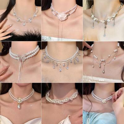 Luxuriöse Diamant-Perlen-Quasten-Doppellagen-Halskette - Modische, elegante Schlüsselbeinkette für Damen