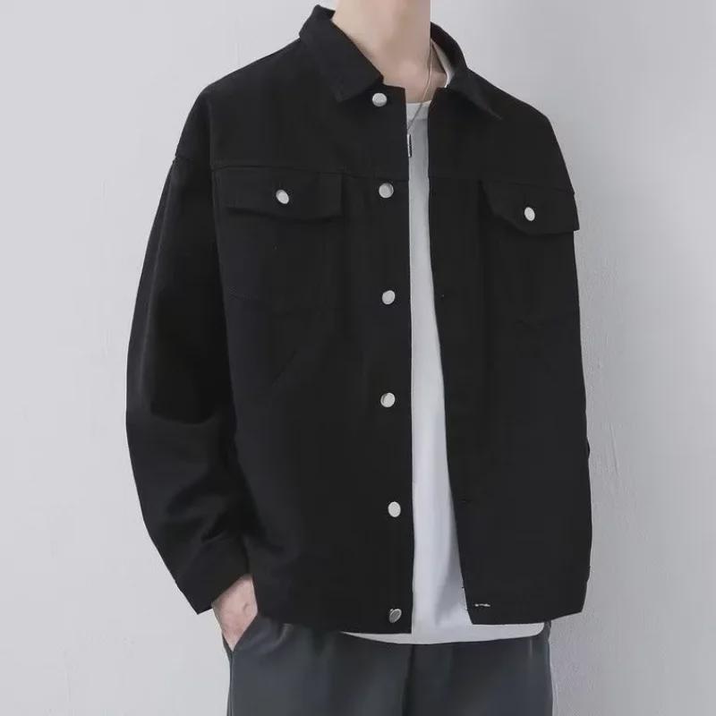 Men's Black Casual Loose Fit Denim Jacket with Velvet Lining - Trendy Autumn/Winter Workwear Style
