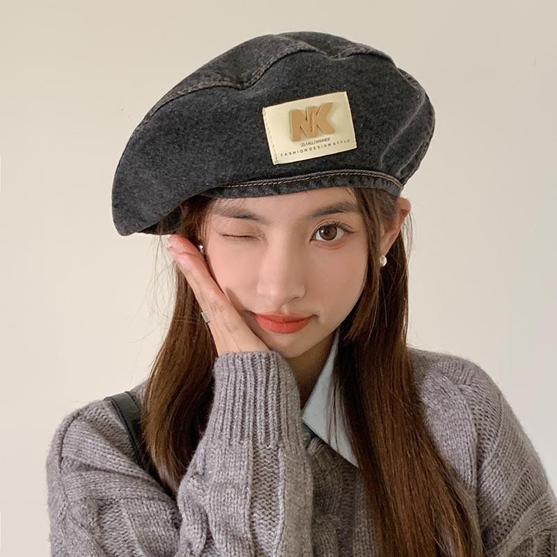 New Blue Denim Beret Women's Summer Autumn Big Head Circumference Showing Face Small Painter Hat Retro Octagonal Hat