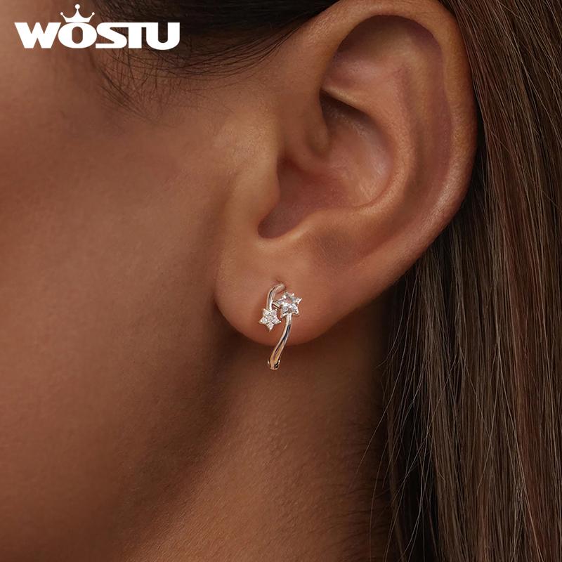 WOSTU 925 Sterling Silver Double Star Shiny Zircon Hoop Earrings For Women Valentine Jewelry Gift Daily Praty Wear Jewelry Gif