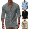 Men Cotton Linen Shirt Long Sleeve Button Down Shirt Band Collar Casual Summer Shirt