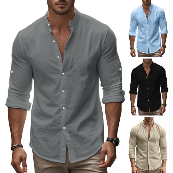 Men Cotton Linen Shirt Long Sleeve Button Down Shirt Band Collar Casual Summer Shirt