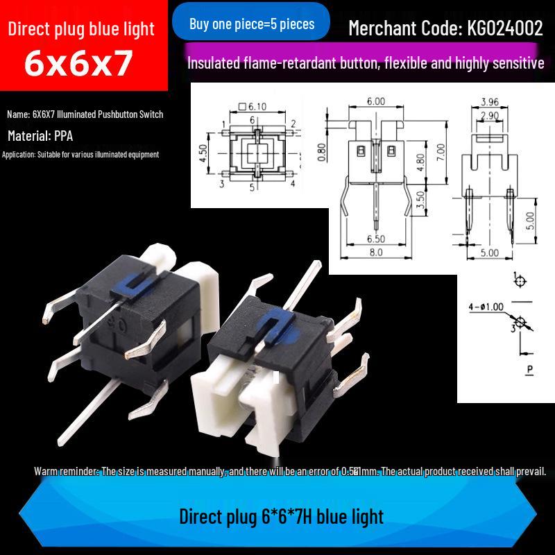 LED Luminous Tactile Switch 6x6x7/7.2mm Through-Hole Reset Button