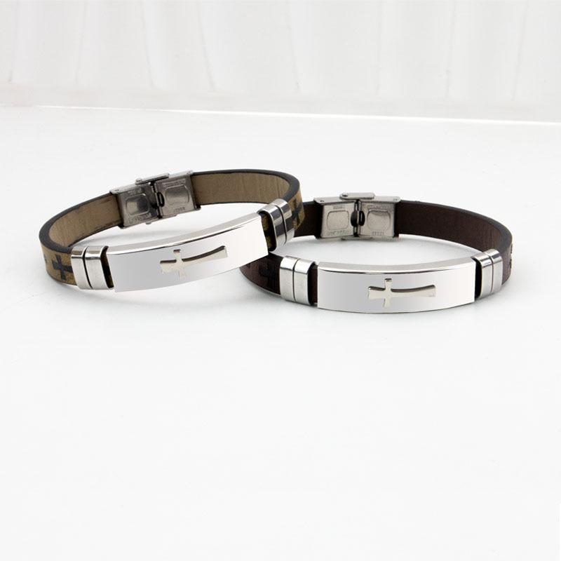 Trendy Men's Stainless Steel Cross Bracelet with Vintage Leather