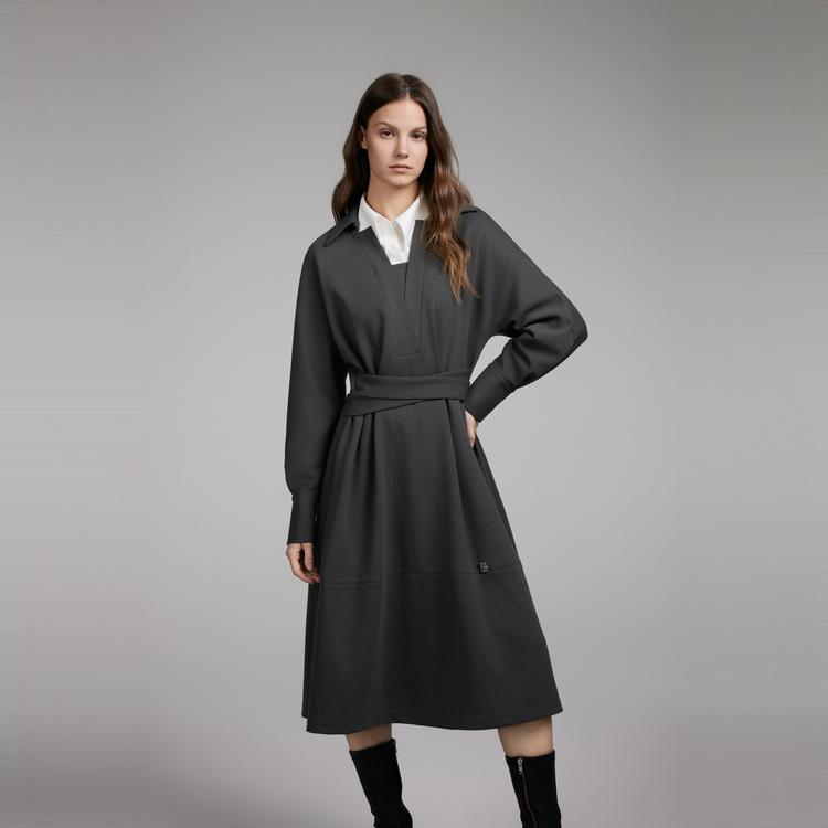 ELLE French Minimalist Elegant Two-Piece Dress With V-Neck Long Sleeves Women dress Dark-Gray EL49588