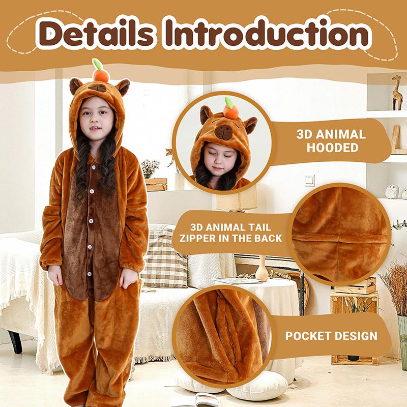 Pigiama Tuta con Cappuccio Invernale per Bambini Capibara Flanella Costume Vestiti Jumpsuit Indumenti da Notte Accappatoio per Bambini