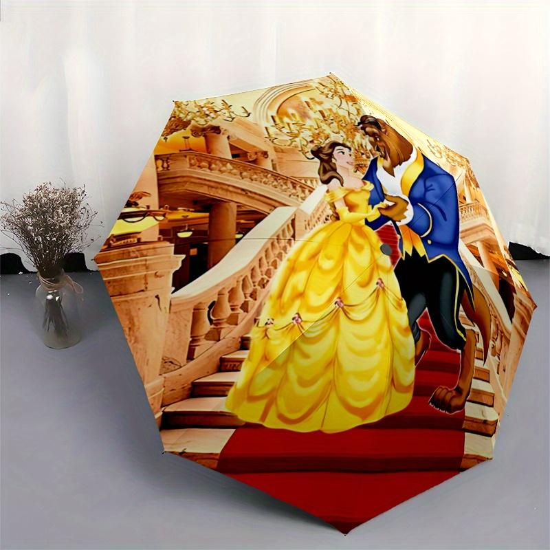 1pc Beauty & Beast Dancing Scene Automatic Opening/Closing Umbrella - Portable 3-Fold Design with 8-Bone Iron Frame, Outdoor Umbrella for Fe