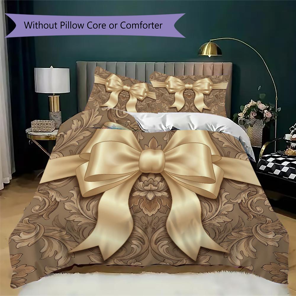 Gorgeous Ribbon Bow Pattern Bedding uilt Set uilt Cover Pillowcase Home Decoration Birthday Gift (1 * duvet cover + 2 * pillowcase without core)