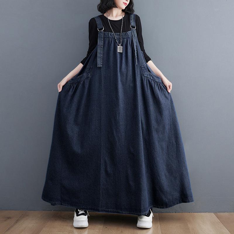 Spring, Summer and Autumn Long Dress Retro Loose and Thin Denim Strap Skirt Long Swing Dress