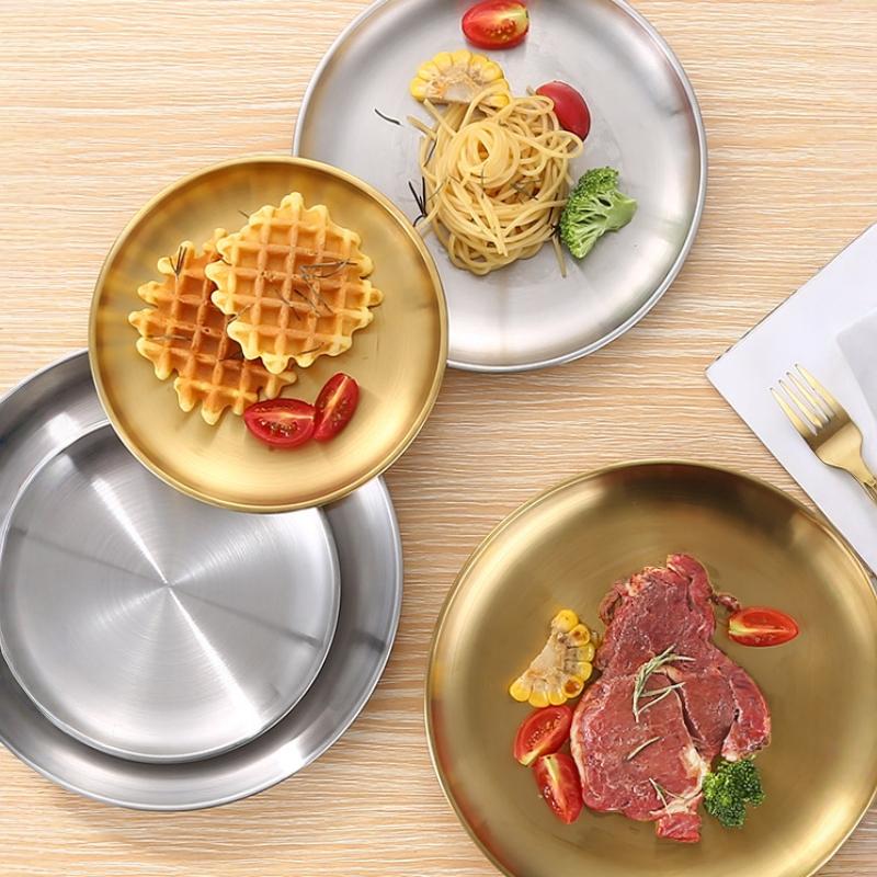 4pcs Large Round Stainless Steel Dinner Plates Fruit Tray- Heavy-Duty Golden Serving Plates Suitable for Weddings, Buffets