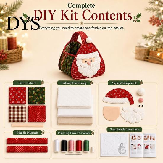 Holiday Decorative Tote DIY Quilted Christmas Basket Kit, Character Plaid Fabric Carry Tabletop Ornament Holder Craft Set, Storage Sewing Project,