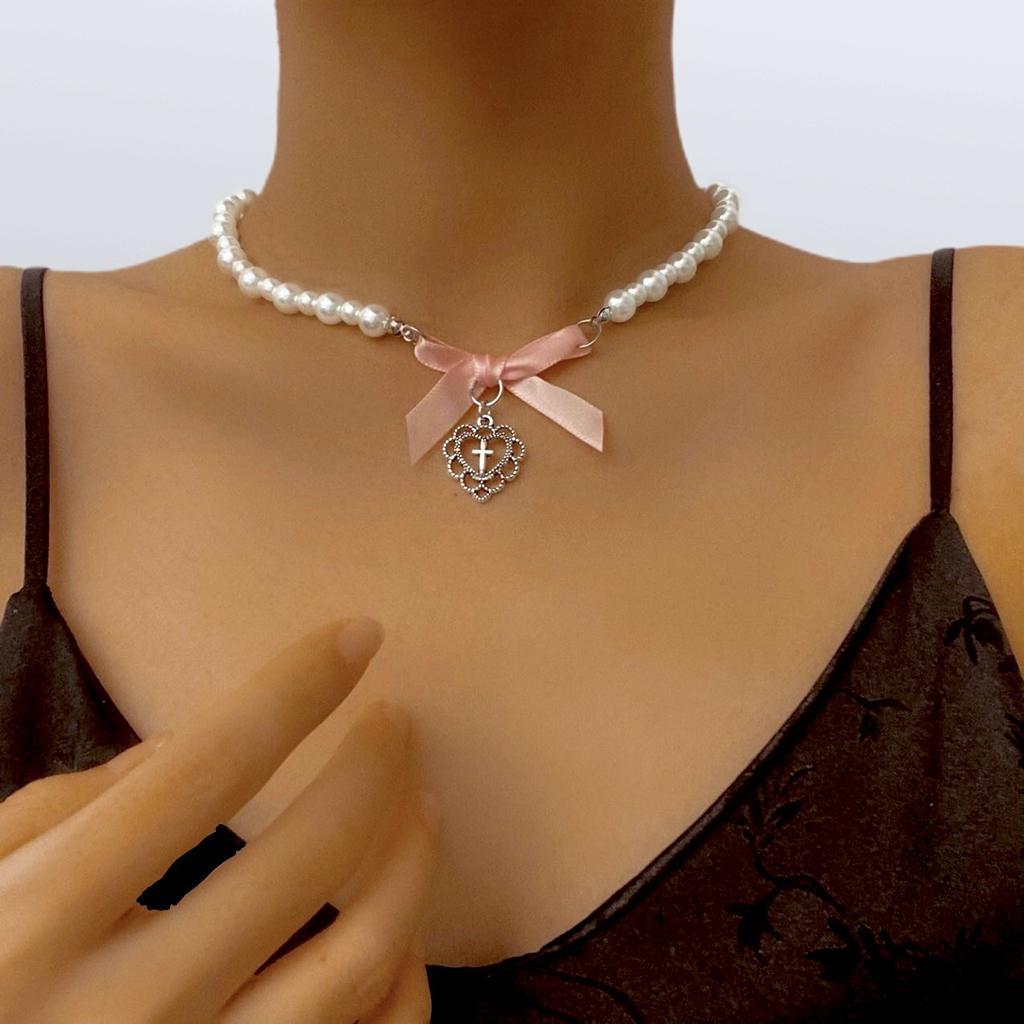 French Bow Ribbon Small Fragrance Pearl Bead Clavicle Chain Women European Cross-border Love Pendant Elegant Daily Fashion Neck Accessory Gift