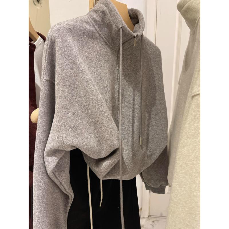 Women s German Velvet Ribbed Silver Fox Fleece Stand Collar Half-zip Fleece-lined Loose Pullover Sweatshirt Jacket L