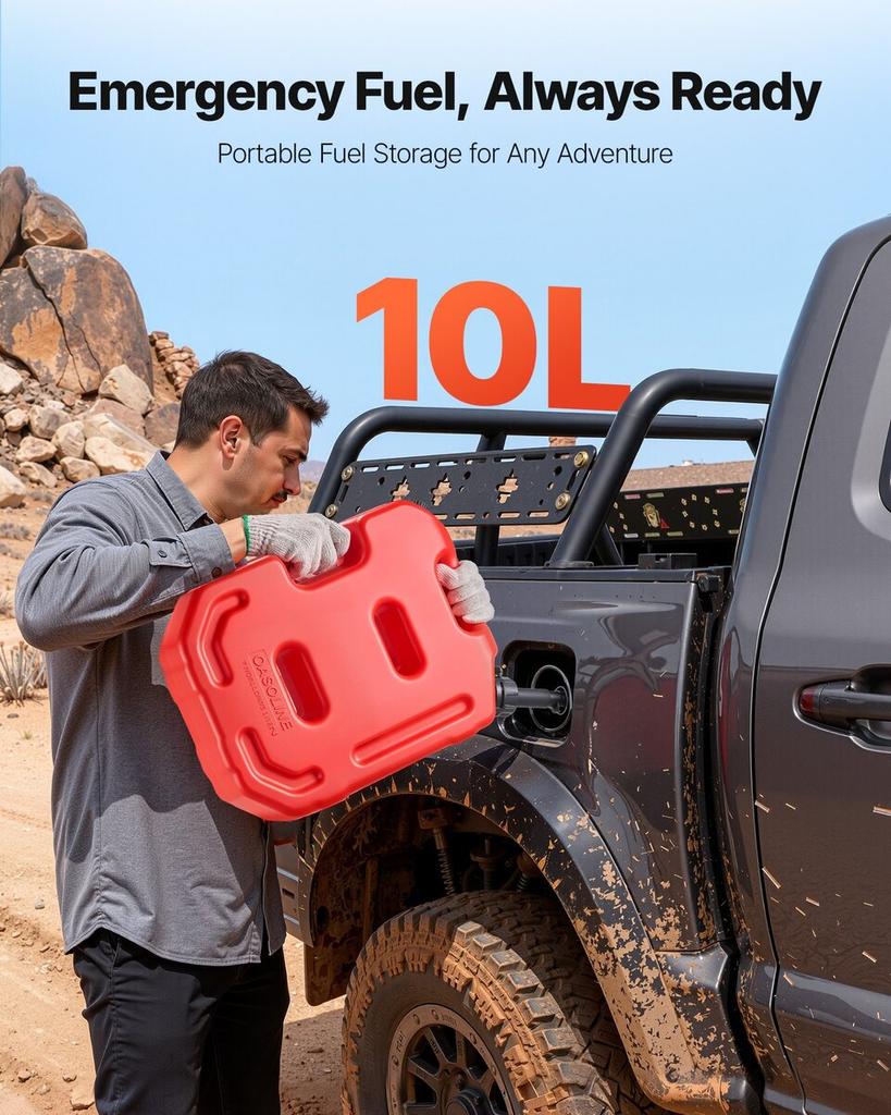 Fuel Container, 10 L, Gas Can with Spout and Lockable Bracket, 15 L/min Max Flow Rate, Secure & Leak-proof, Portable Flat Fluid Container for Most