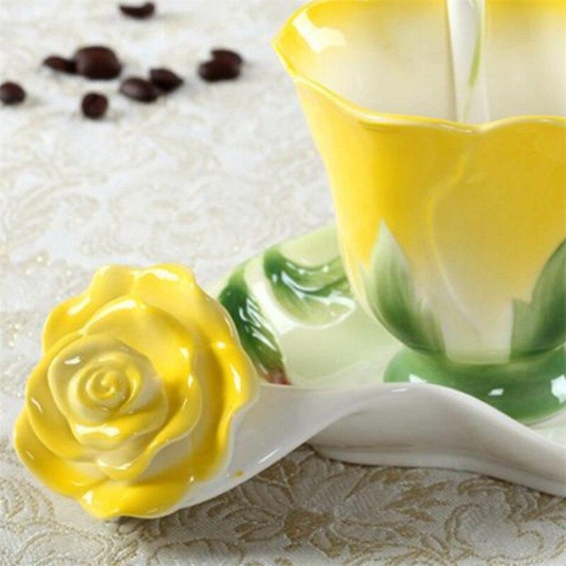 Creative Fashion 3D Pink Flower Enamel Ceramic Coffee Cup and Spoon for Stew Set Ceramic Water Glasses Valentine's Day Gift