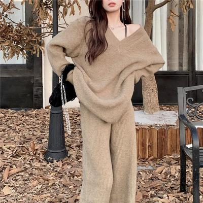 Women's Spring Autumn And Winter Slouchy And Slim Knit Suit V-neck Loose Sweater+high Waist Wide Leg Pants Two-piece Set