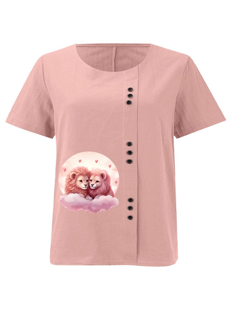 

Женская Модная Повседневная Футболка Рубашка Хлопок Лен Короткий Рукав Круглый Вырез с Принтом Льва для Пары Свободная Летняя Блузка Топы S розовый