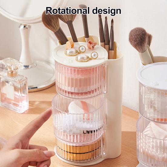 Makeup Brush Holder With Lid Clear Rotating Cosmetic Tool Organizer For Vanity