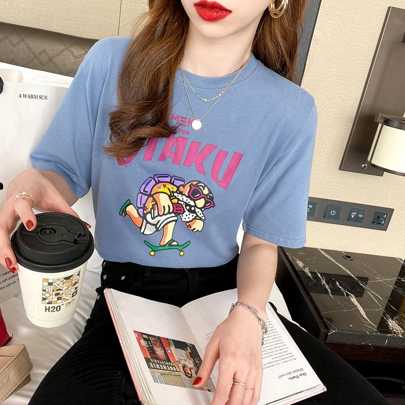 Kreskówkowa Koszulka Damska Krótki Rękaw Czysta Bawełna Wiosna Nowy Styl Luźna Koreański Styl Koszulka do Warstwowego Ubierania Wszechstronna Koszulka