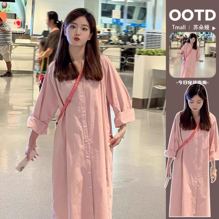 

Spring and autumn new pink shirt dress children French temperament loose and thin seaside vacation style long skirt XL