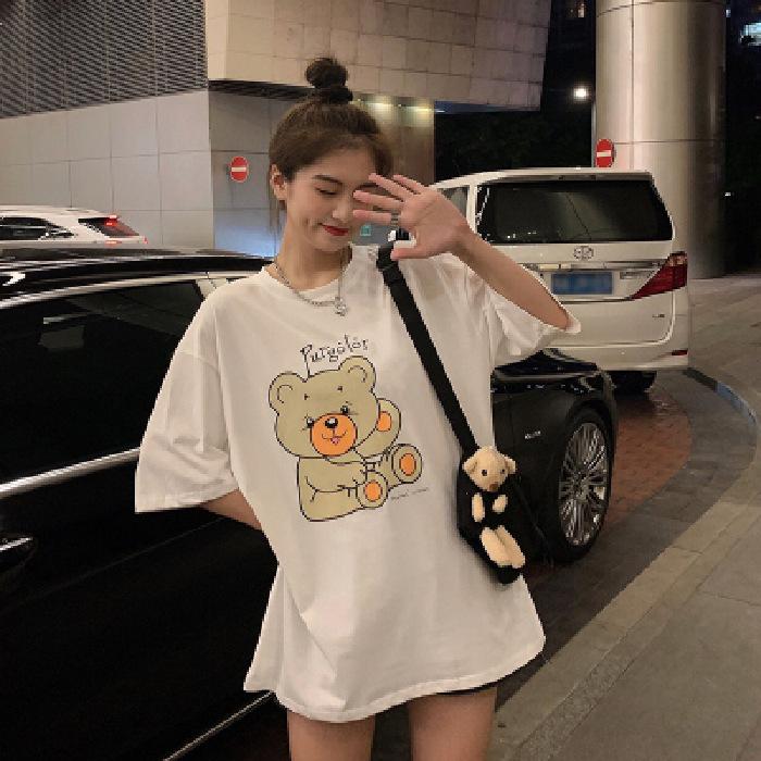 Summer Korean version of the new Harajuku lower clothes missing bear print loose short-sleeved T-shirt top women's ins
