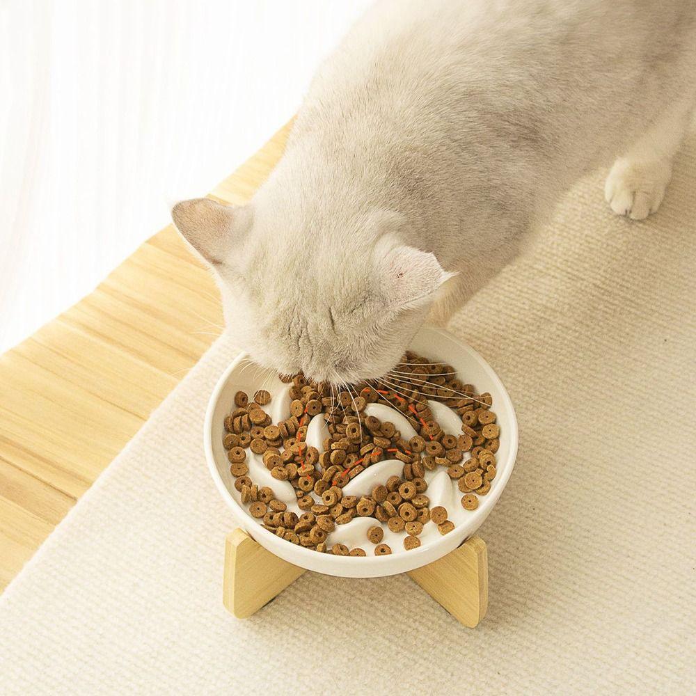 Wood Stand Raised Cat Bowl Anti-choking Cat Feeding Bowl Pet Supplies Slow Feeder Bowl  Pet Feeding