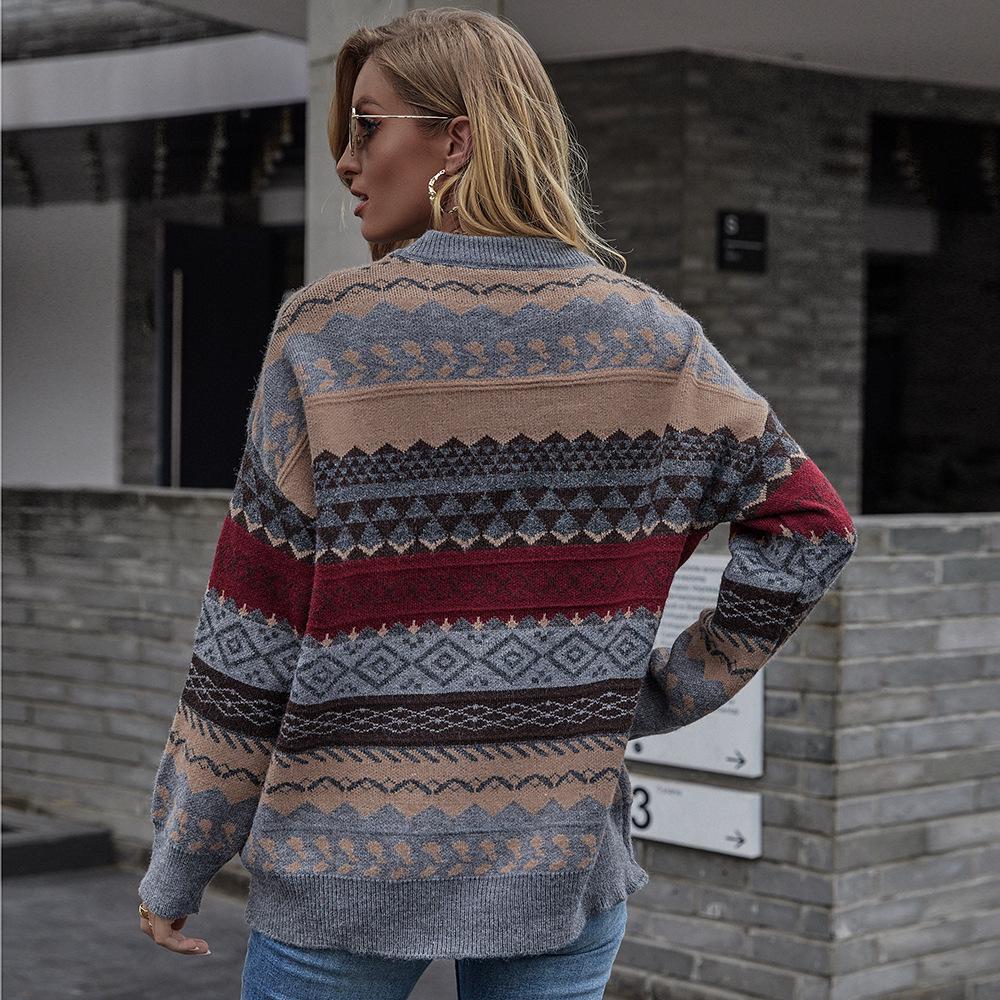 Women's Retro Color Block Christmas Knitted Pullover Sweater