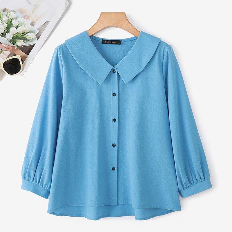 ZANZEA Women Turn Down Collar Loose Casual Long Sleeve Plain Blouse