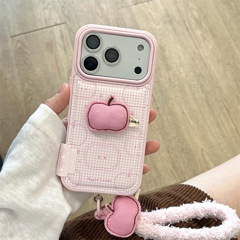 Rosa Karomuster 3D Apfel Handyhülle & Lanyard für iPhone 14, 15, 16 Pro Max, 17
