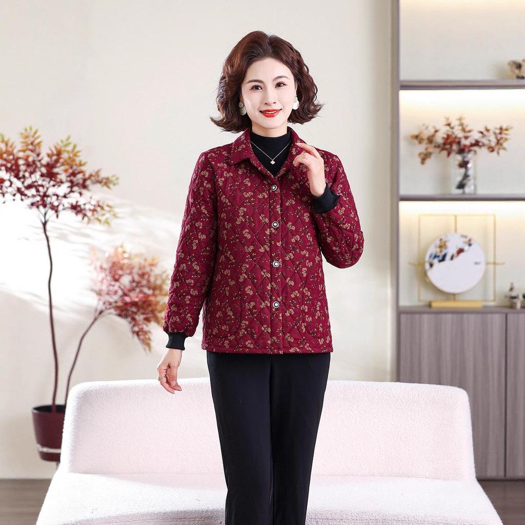 Mom's Chic Cotton Floral Shirt Jacket - Autumn/Winter Casual Style for Middle-Aged Women