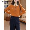 La Chapelle Women's Contrast Polo Collar Short Sleeve Knit Sweater