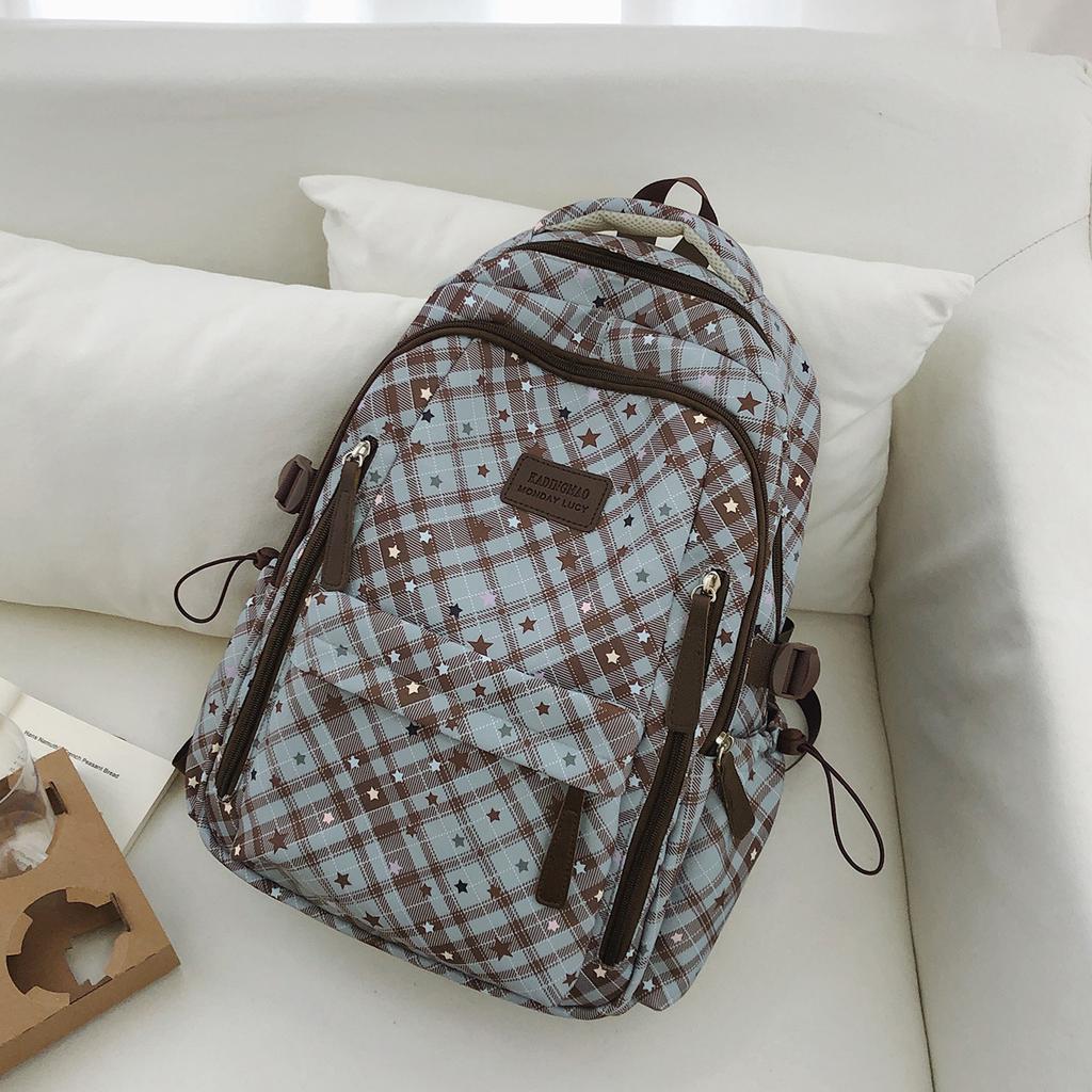 Schoolbag Korean plaid star backpack for female middle and high school students, large-capacity schoolbag, light and dirt-resistant versatile backpack