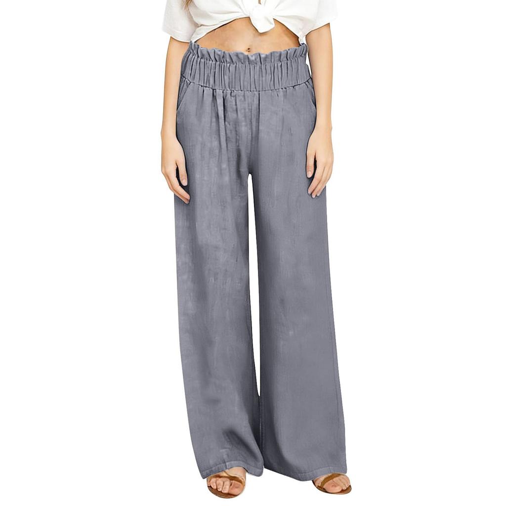 Linen Casual Wide Leg Pants For Women Elastic Waist Versatile Business Casual Work Palazzo Trousers With Pockets