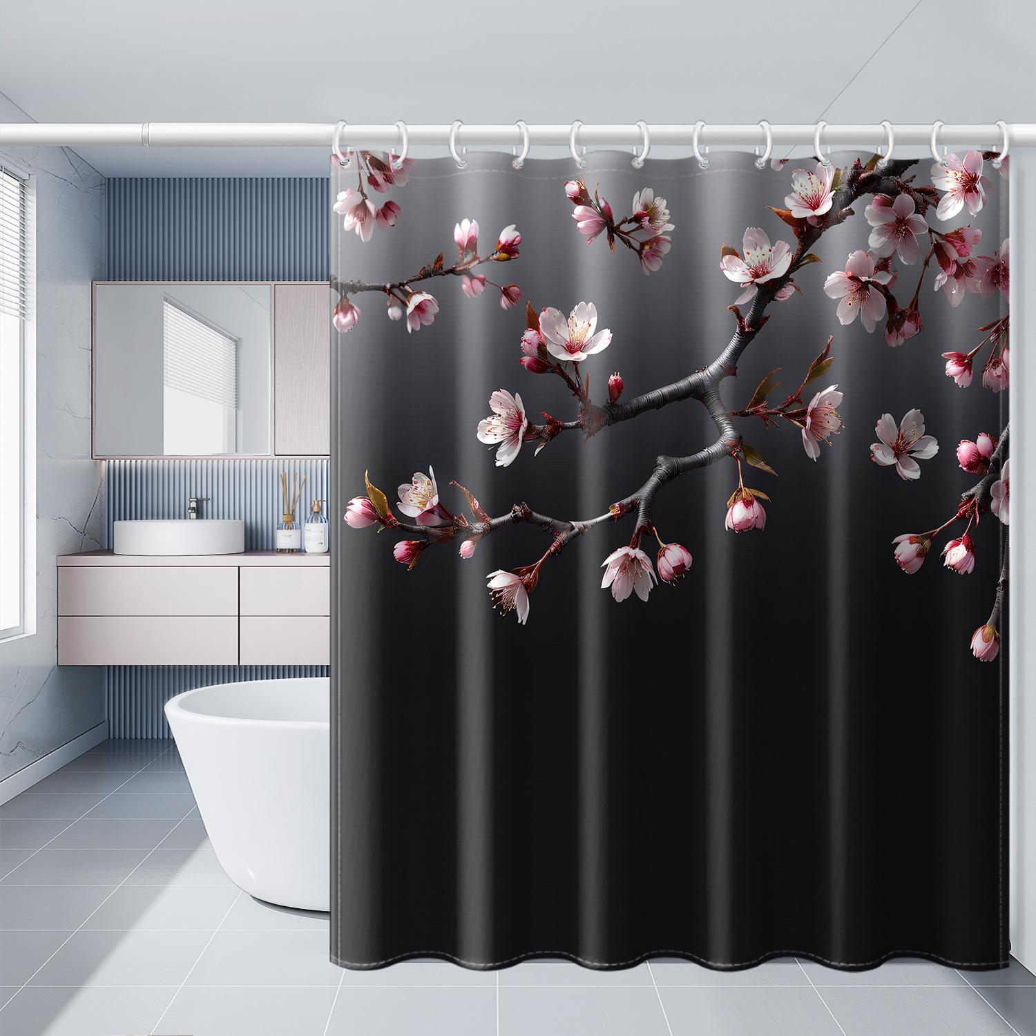 Cherry Blossom Shower Curtain with Pink Flowers on a Dark Background for a Sophisticated, Nature-Inspired Bathroom Decor Theme W90XH180cm
