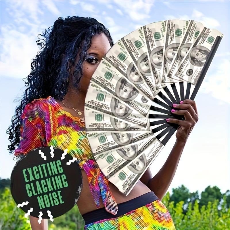 A large bamboo folding fan with a money print - no charging, no battery required - perfect for EDM, music festivals,clubs,events,decorations and gifts