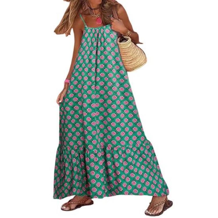 Backless Swing Summer Beach Dress Women Boho Maxi Spaghetti Strap Flowy Sleeveless Sundress Long